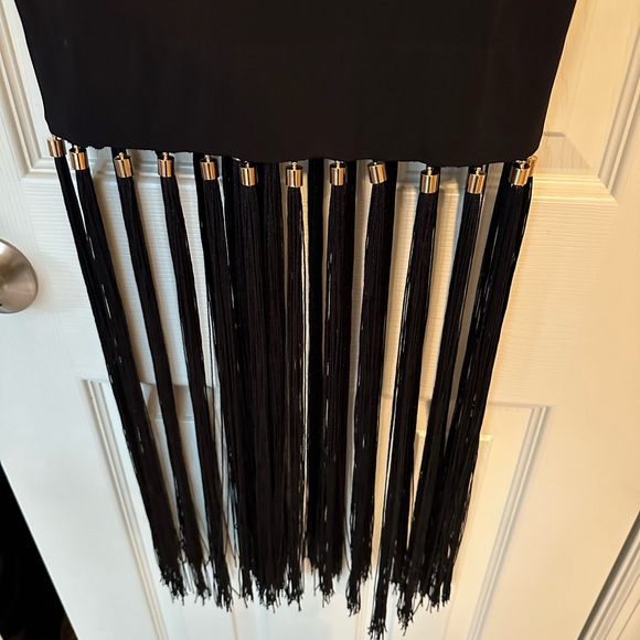 NWT - HELSI “Greta” Puff Sleeve Black Fringe Midi Dress with Gold Accents - Picture 9 of 15
